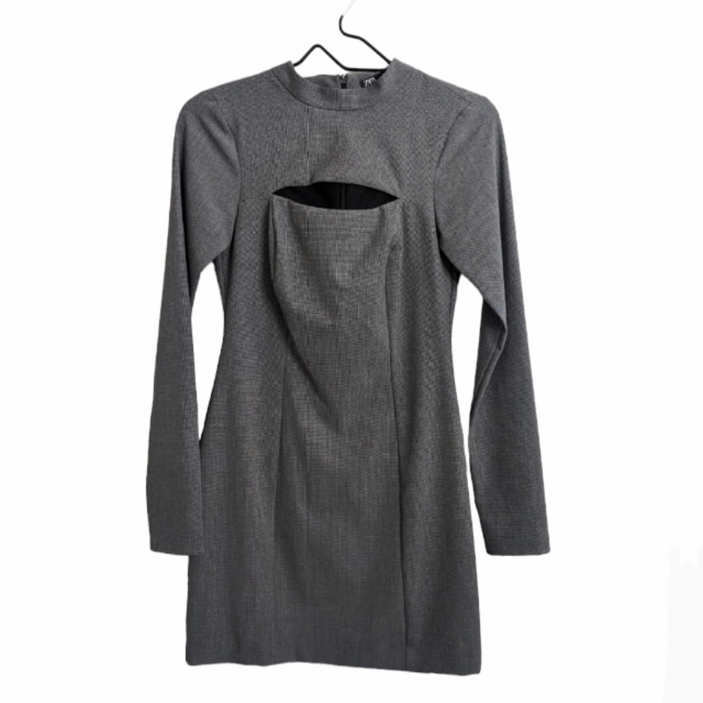 Zara gray front chest cut out Houndstooth sheath mini dress long sleeves size S - Picture 2 of 12
